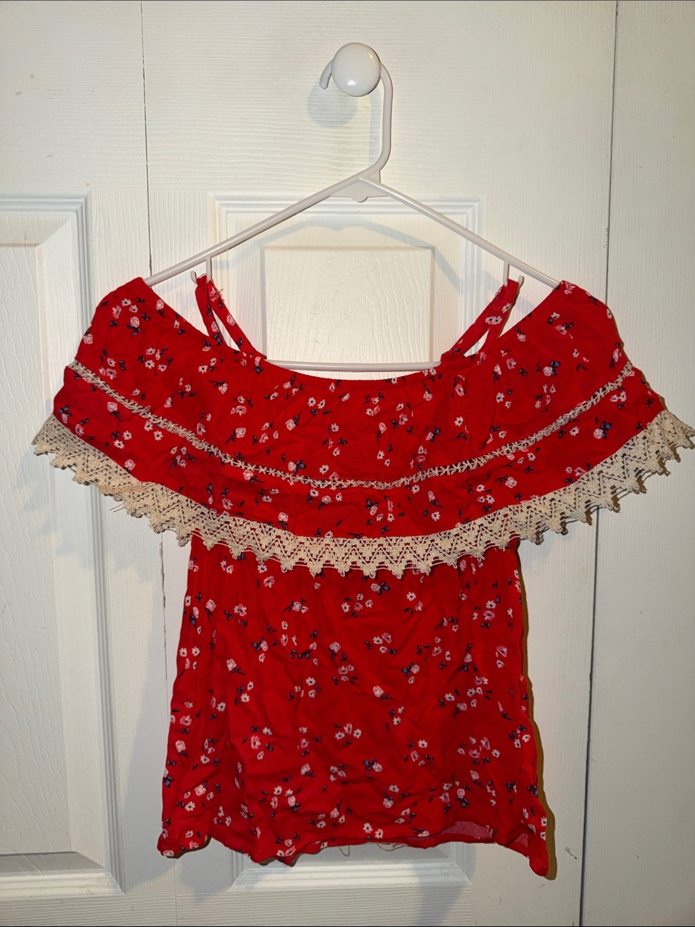 No Boundaries Red Floral Off-Shoulder Top with Cream Lace